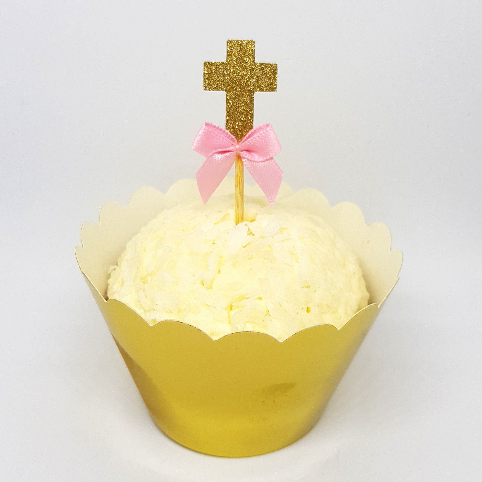 12 Gold Glitter Cross Cupcake Toppers with Pink RibbonChristening/Communion 