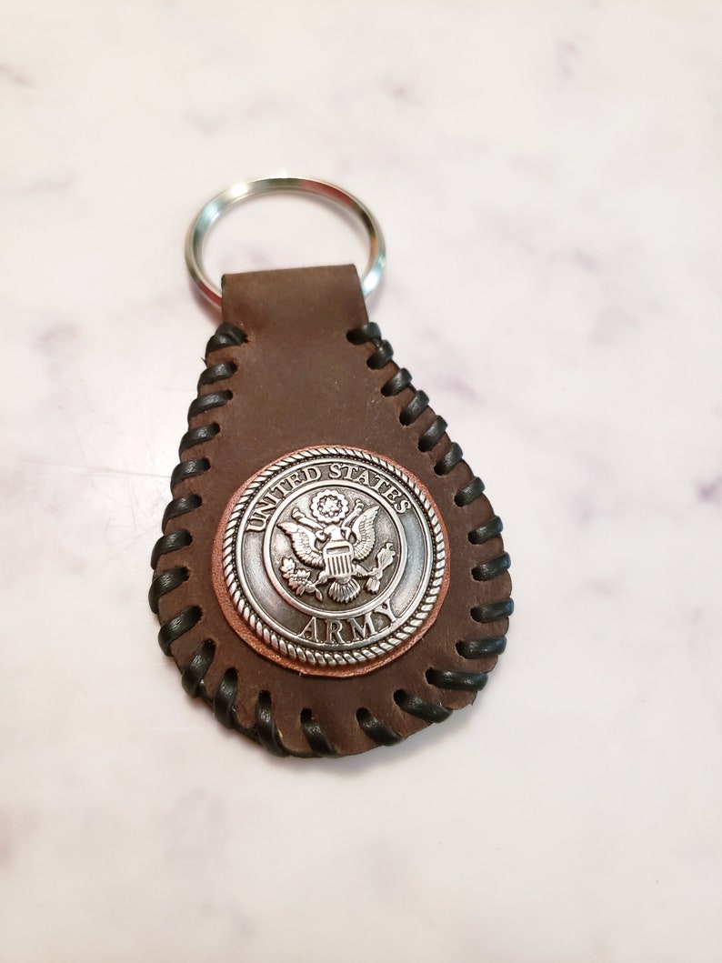 Leather keychain with Military Concho | Etsy