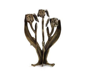 Mid Century Solid Brass Candlestick - 3 Arm Candlestick - Floral - Art Nouveau - 1950s-70s