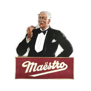 Oryginalny stojak reklamowy na cygara Maëstro z lat 20. XX wieku - pudełko kartonowe - era Art Deco - lada - bar - salon - lata 20. 30.
