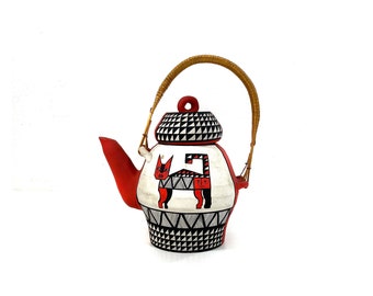 Vintage Red-Black-White Terracotta Decoration Jug from Chile With Bamboo Handle - Cat - Designer Jug - Decoration - 1960-70s