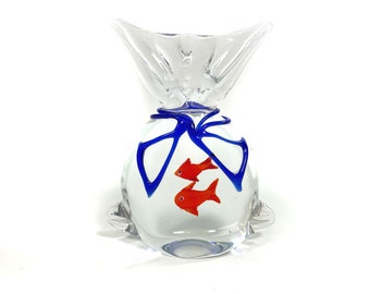 Vintage Glass Bag with Goldfish in Murano Style - Paperweight - Fish - Bow - Bubbles - 70s