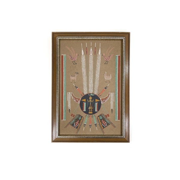 Vintage Medium Navajo Sand Painting - Signed - Native American Art - American Art - Spiritual Wall Art - Framed - USA - 1970s