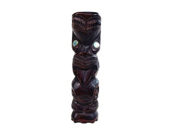 Vintage Large Tiki Wooden Figure - Wood Carvings - Moana - New Zealand - Sculptures - Statue - Abalone - Pearl Eyes - Height: 8.8" - 50s