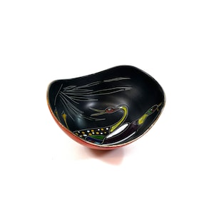 Small Vintage Leather Ceramic - Bowl with Enamelled Elements - Hand Painted - Art Ceramic - Genuine Italy - Probably Coccio - 60-70s