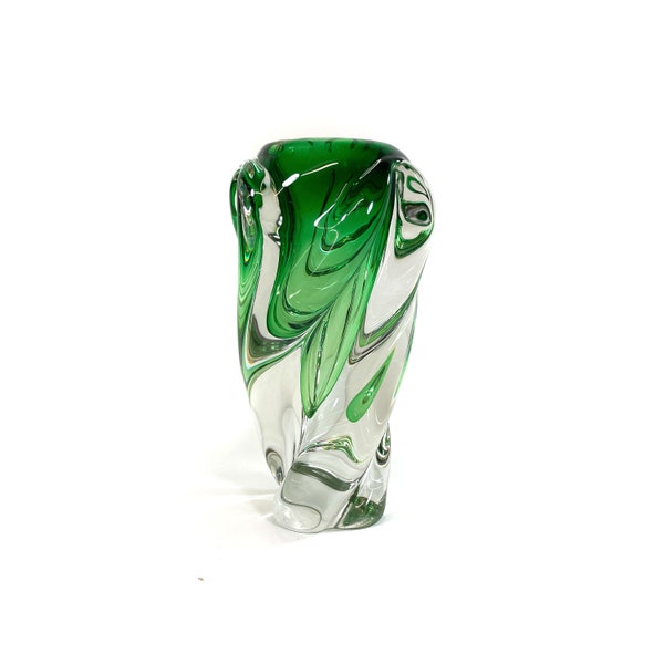 Large Boho Vase by Josef Hospodka - Czech Glass Art - Borske Sklo Chribska - Emerald Green Art Glass - Sommerso - 1960s