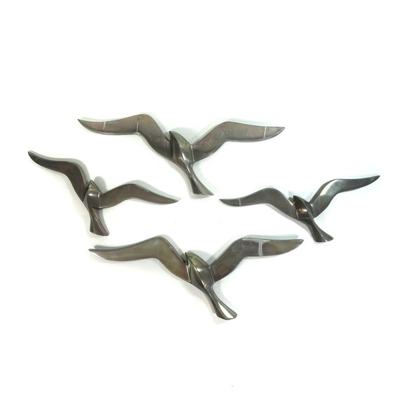 Grandes hirondelles vintage intemporelles en métal - mouettes - oies - décoration murale - vol d'oiseau - lot de 4 - couleur argent - embellissements - années 80-90