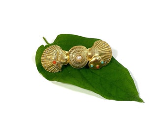 Vintage Gerard Yosca Shell Hair Clip - Gold Tone - Faux Cabochon Turquoise Pearl Coral - Hallmarked - Holiday - Sea - Wedding - 80's