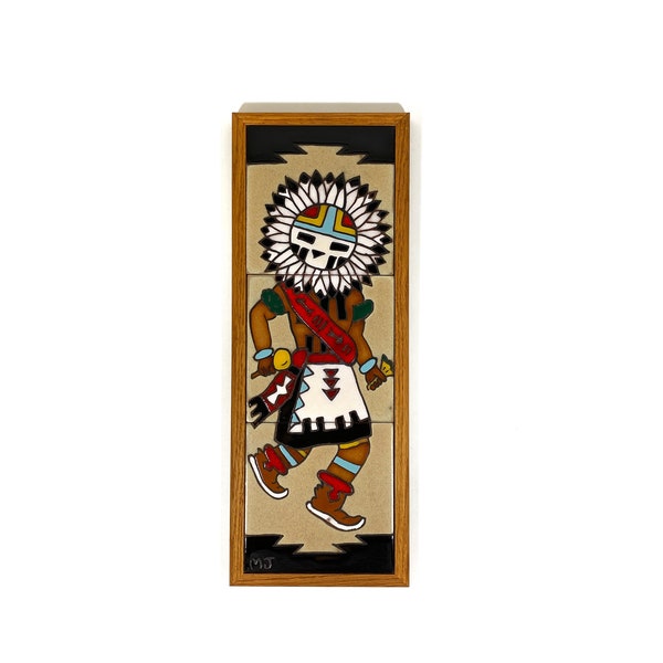 Arte Vintage Suroeste Americano Nativo Americano - Tile Picture - Hopi Sun Kachina "Tewa" - Mary Jane Balok - Folk Art - 70s