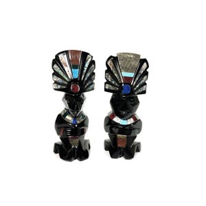 Vintage Obsidian Aztec Maya Figurines - Various Gemstones - Obsidian - 0,96 lb, 0,97 lb  - 6,3&quot; high - Mexico - Tiki - Sculpture - 1970s