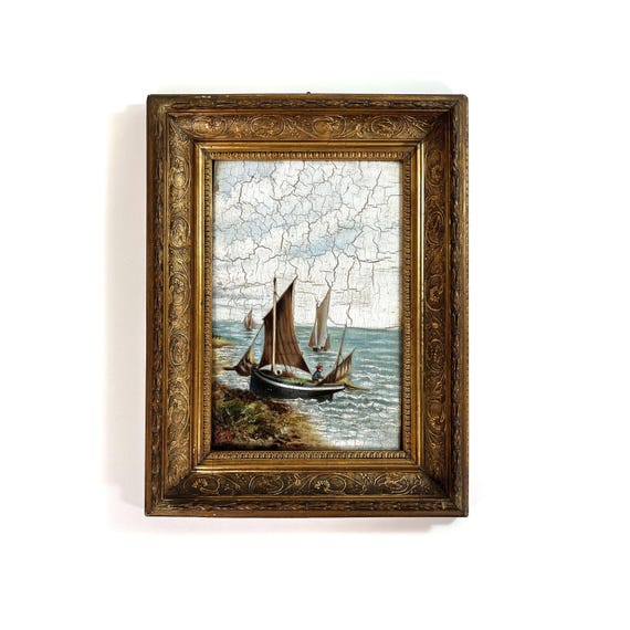 木製パネル / 金枠のヴィンテージ小型油絵 - 船乗り - 湾 - 海の
