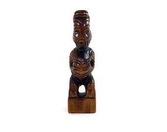 Vintage Large Tiki Wooden Figure - Wood Carvings - Moana - New Zealand - Sculptures - Statue - Abalone - Pearl Eyes - Height: 9.4" - 70s