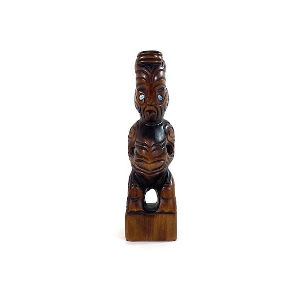 Vintage große Tiki Holzfigur - Holzschnitzereien - Moana - Neuseeland - Skulpturen - Statue - Abalone - Perlenaugen - Höhe: 24 cm - 1970er