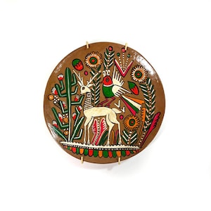 Vintage Ton-Teller mit Aufhängung - Tonala - Tier- und Pflanzenmotive - Mexiko - Volkskunst - Hand bemalte Keramik - 1970-80er