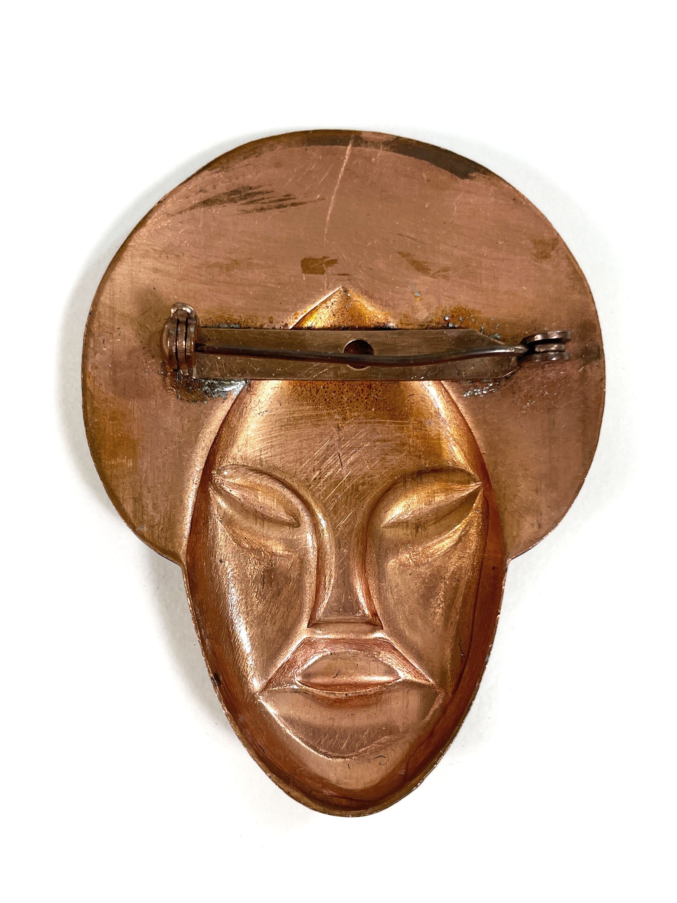 Broche Ancienne Tête De Femme En Cuivre Noir Et Rouge - Bijou Vintage Occasion