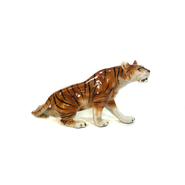 Vintage Porzellanfigur - Royal Dux - Porzellan Tiger - Große Tierfigur - Raubkatze - Raubtier - Czechoslovakia - Böhmen - 1950-70er