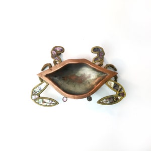 Los Castillo Style - Cobre - Mid Century Mexican Copper Abalone & Brass Crab Bowl - Modern - Collectible - Ornate - Signed - 60s