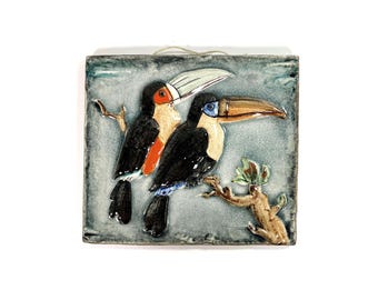 Vintage Tile Karlsruhe Majolika by Hugo Ruf - Decorative Majolica Tile - Toucan - Birds - Wall Hanging - 1950-60s