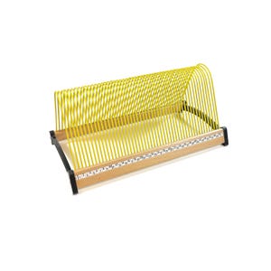 May include: A yellow vinyl record storage rack with a wooden base and a numbered scale. The rack has multiple vertical dividers to hold records upright. The base is made of light-coloured wood with black end pieces.