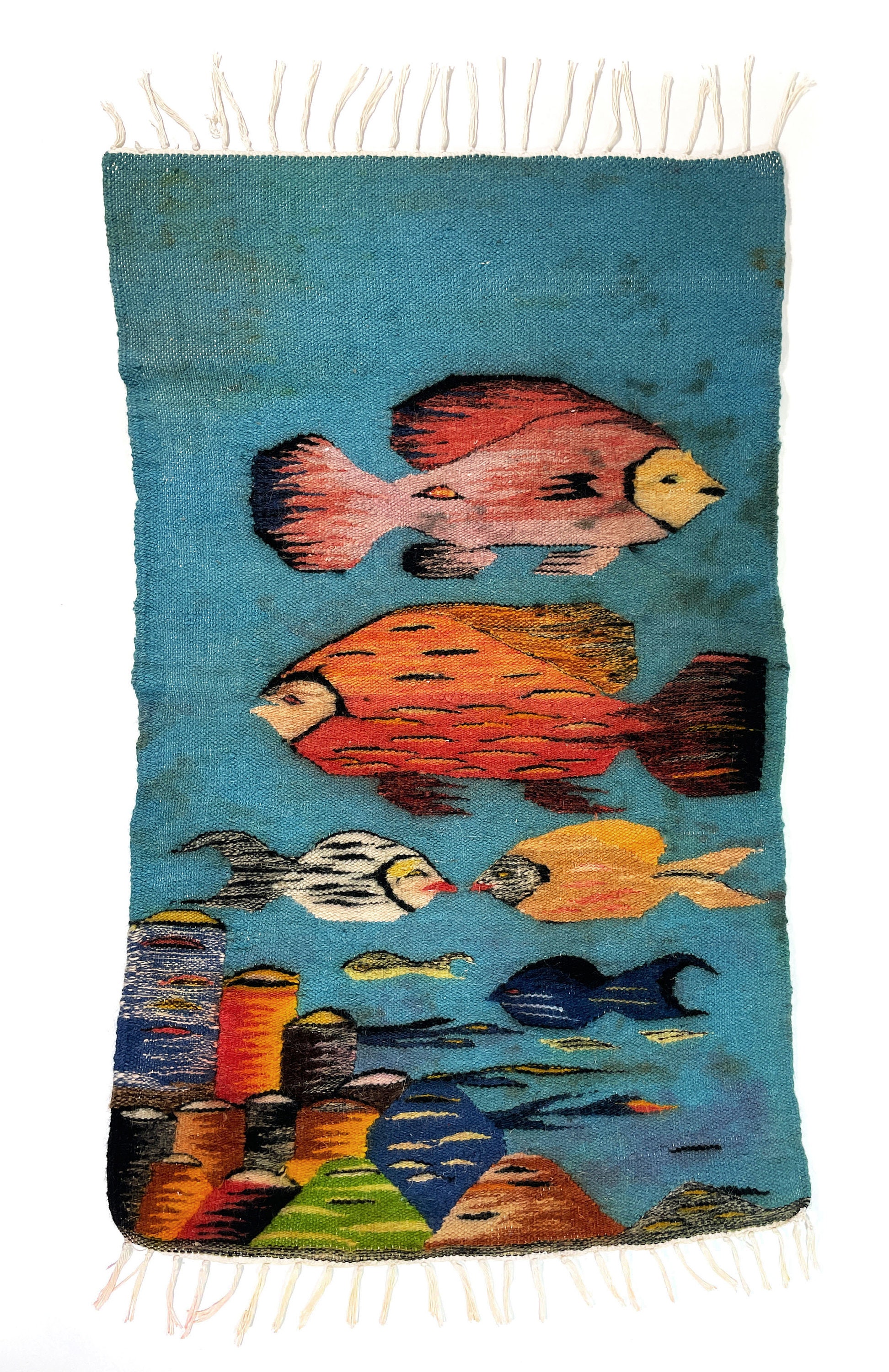 Vintage Handwoven Rug - Colorful Colorful Wool Rug - Fish Motifs 