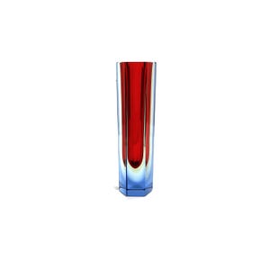 Puede incluir: Un jarrón alto de vidrio transparente con un diseño llamativo. El jarrón presenta un interior rojo vibrante encerrado en un exterior azul transparente. La forma geométrica y el contraste de color crean una estética moderna, adecuada para la decoración del hogar.
