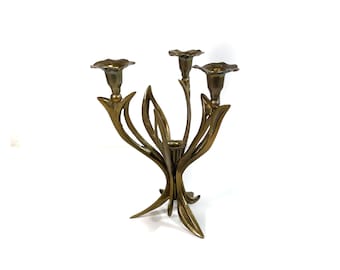 Mid Century Solid Brass Candlestick - Beautiful 3 Arm Candlestick - Art Nouveau - Floral - 1950s-70s