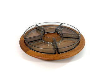 Vintage Large Teak Tray by Digsmed - Lazy Susan - Denmark - Scandinavian Design - Platter - Glass Container - Serving - 1960s