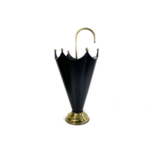 Mid-century round brass umbrella stand - black body variant - vintage decoration in antique style - umbrella holder - 1950-60s