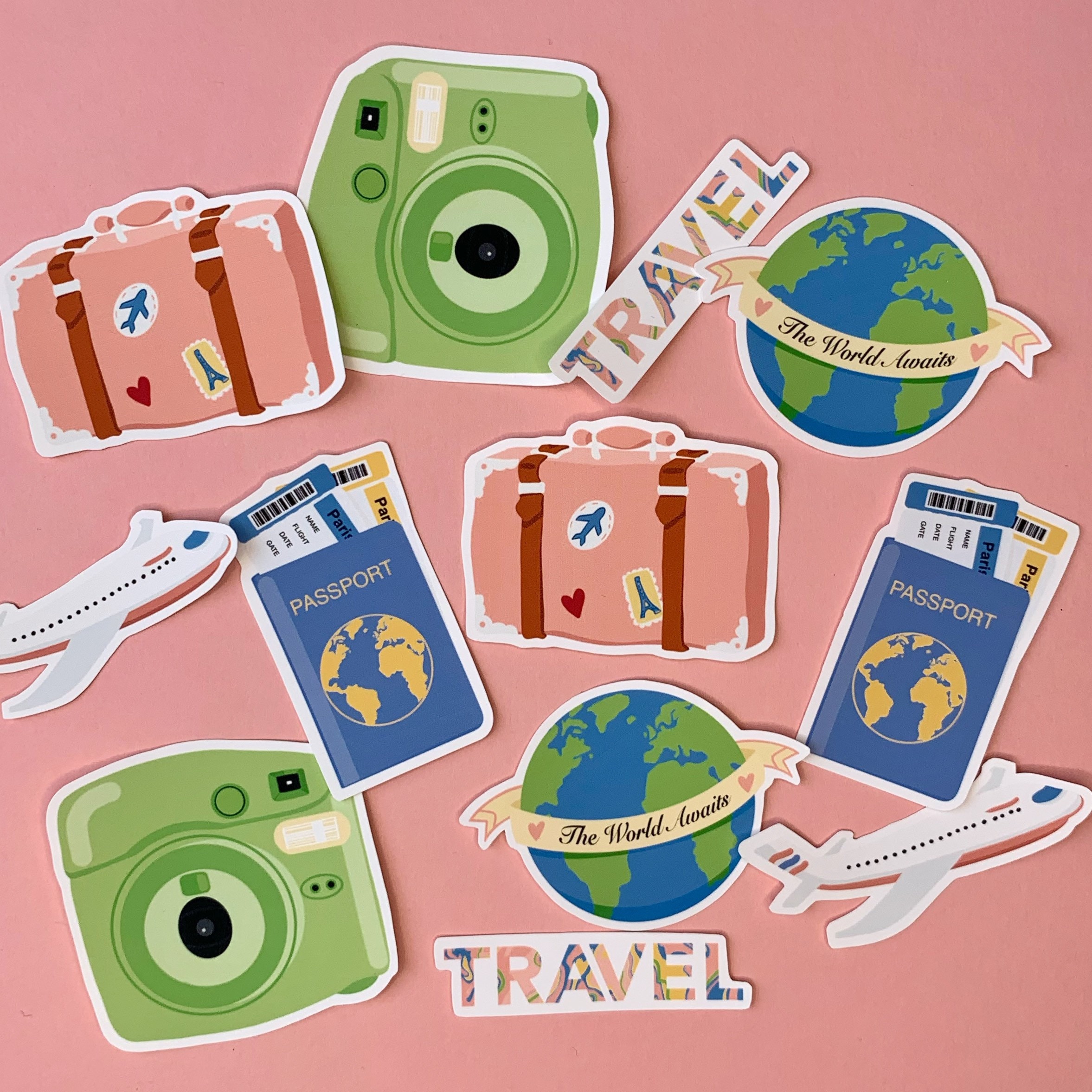 Travel Sticker Pack, Pastell Reise Sticker, Passport Sticker, Polaroid  Kamera Sticker, Welt Sticker, Gestanzte Flugzeug Sticker, - .de