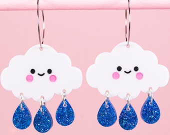 Wolken Ohrringe - Blaue Acryl Regentropfen - Einzigartiges Wetter Schmuck - Statement Ohrringe