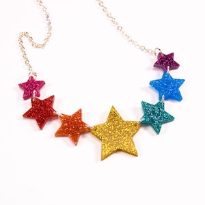 Rainbow Star Necklace, Glitter Star Jewellery, Acrylic Jewellery, Pride Rainbow Necklace Silver Necklace