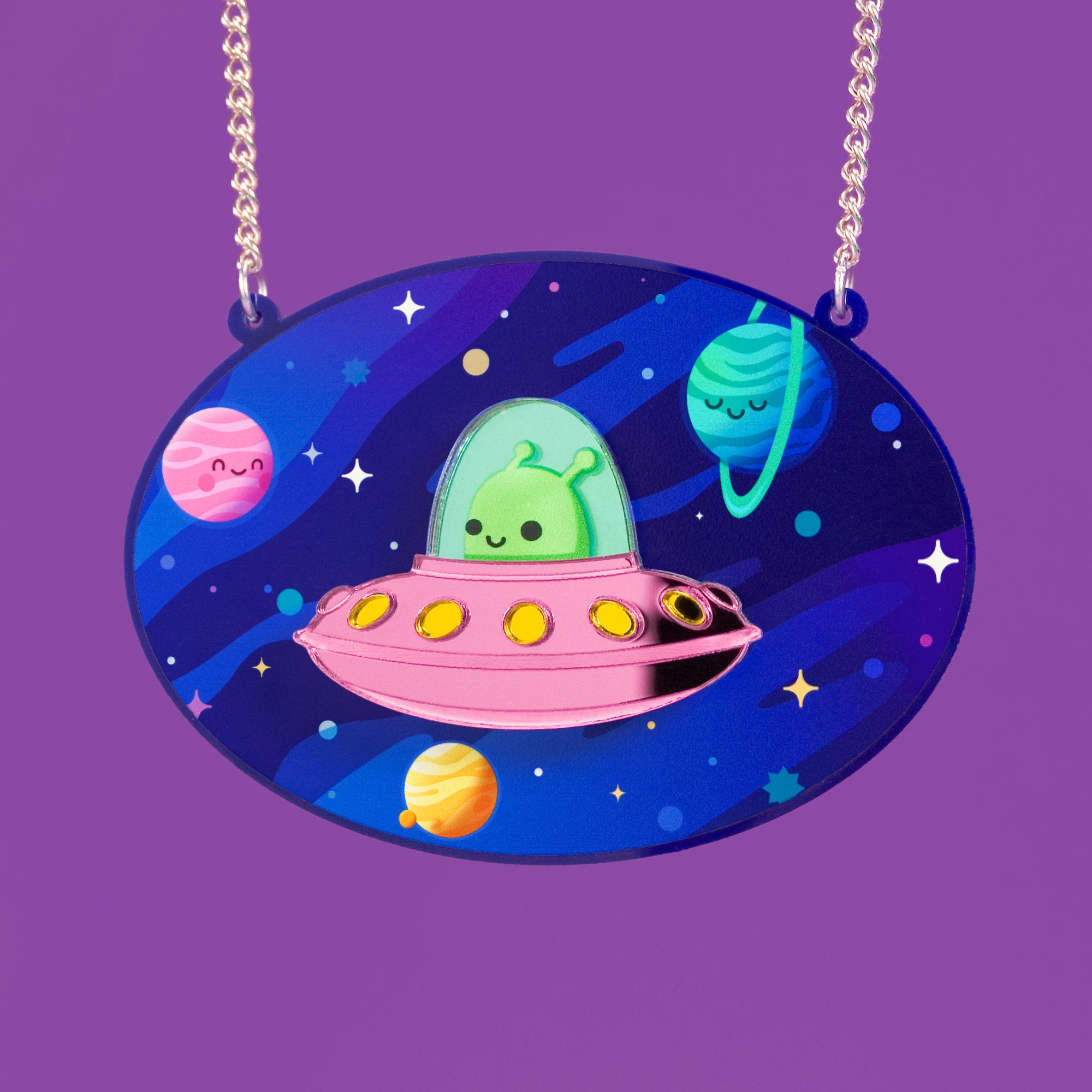 Space Ship UFO Necklace, Alien Sci Fi Jewellery, UFO Space, Flying Saucer, Acrylic Statement Necklace, Cute Kawaii