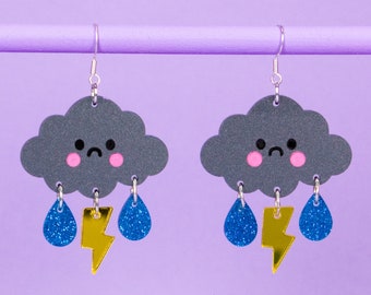 Gewitter Ohrringe | Wolke & Blitz | Kawaii Wetter Statement Schmuck | Funky Acryl-Ohrringe