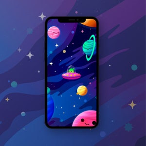 May include: A phone screen displaying a colorful space-themed wallpaper with planets, stars, and a UFO. The planets have cute faces and the UFO has a green alien inside.