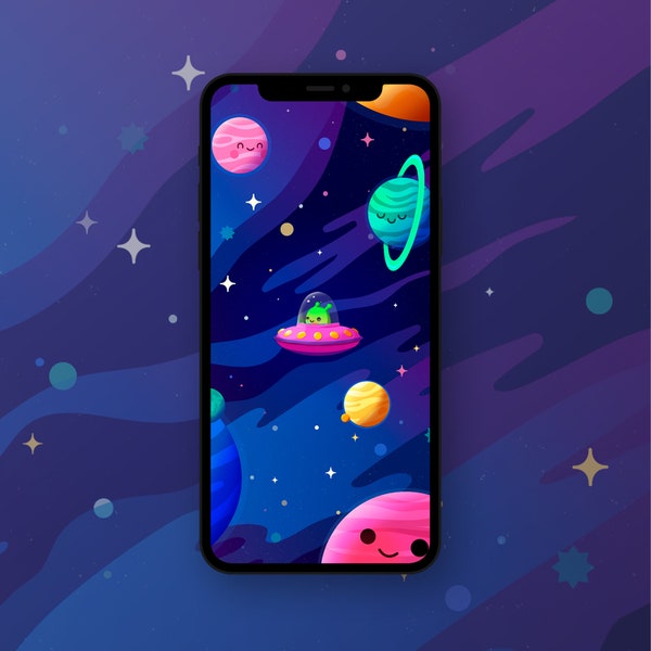 Space Phone Wallpaper Background, Cute Kawaii Alien, Flying Saucer Colourful Space Scene, Phone Wallpaper, For iPhone and Android