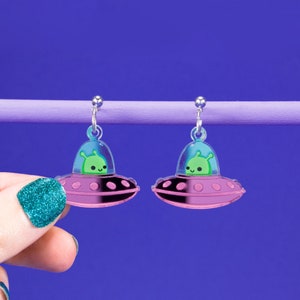 Tiny UFO Earrings, Space Alien Acrylic Stud Earrings, Dangle & Drop Jewellery, Cute Kawaii