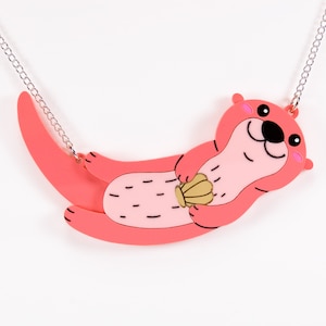 Otter Acryl Halskette, Rosa Tier Statement Anhänger, Kawaii Meeresgeschöpf Halskette