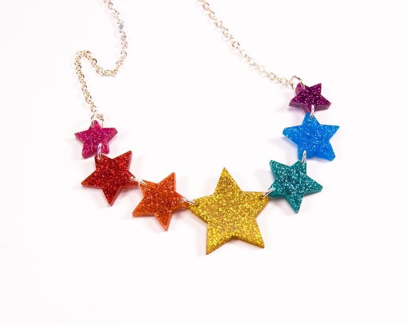 Rainbow Star Necklace, Glitter Star Jewellery, Acrylic Jewellery, Pride Rainbow Necklace Silver Necklace