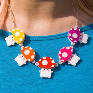 Mushroom Rainbow Necklace, Kawaii Cutie, Acrylic Statement Jewellery, Toadstool Necklace
