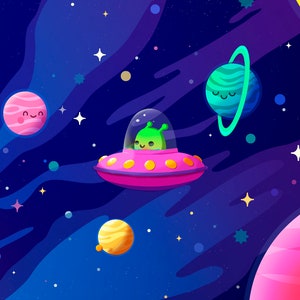 以下が含まれることがあります： 暗い青色の星空を背景に、透明なドームを持つピンクの円盤型宇宙船に乗った緑色の宇宙人が、笑顔の顔をしたカラフルな惑星に囲まれている様子です。