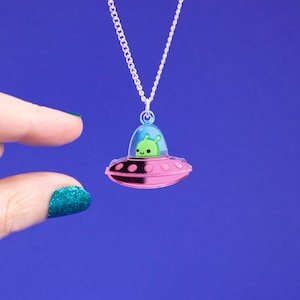 Tiny UFO Necklace, Space Alien Acrylic Charm Jewellery, Sci Fi Jewellery, Flying Saucer, Cute Kawaii Pendant