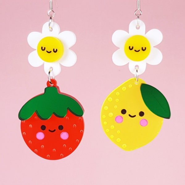 Strawberry & Lemon Earrings, Statement Mismatched Dangle and Drop, Laser Cut Acrylic, Summer Fruits Food Jewellery