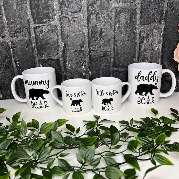 Juego de tazas personalizadas con diseño de oso familiar: Tazas de café personalizadas