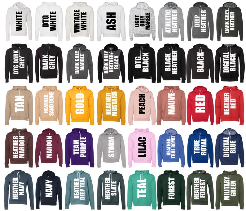 Pu&ograve; includere: Una variet&agrave; di felpe con cappuccio in diversi colori e stili. Le felpe sono disposte in una griglia, con ogni felpa che presenta un colore e un testo diverso.