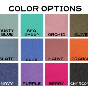 May include: Color options for a t-shirt, showing 12 different colors: Dusty Blue, Sea Green, Orchid, Olive, Slate, Blue, Mauve, Orange, Navy, Purple, Berry, and Charcoal.