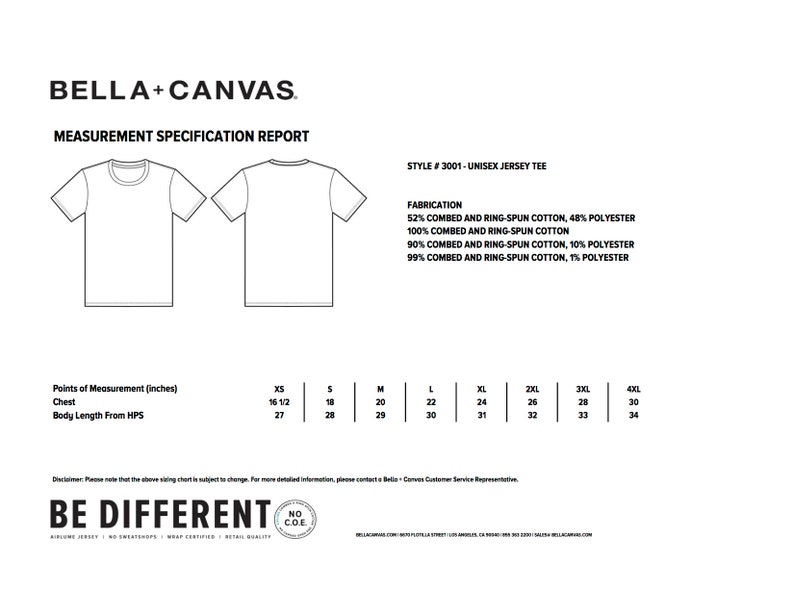 Puede incluir: Un dibujo en blanco y negro de una camiseta de punto unisex. La imagen incluye una tabla de tallas con medidas en pulgadas para el pecho y la longitud del cuerpo desde el punto m&aacute;s alto del hombro. El texto "BE DIFFERENT" est&aacute; en la parte inferior de la imagen.
