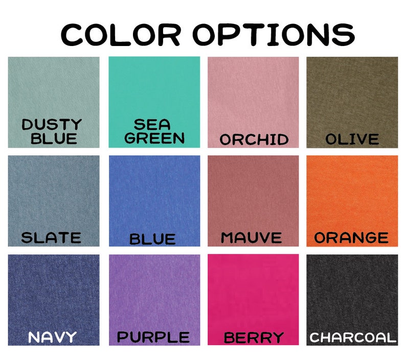 K&ouml;nnte beinhalten: Farboptionen f&uuml;r ein T-Shirt, die 12 verschiedene Farben zeigen: Staubiges Blau, Meeresgr&uuml;n, Orchidee, Oliv, Schiefer, Blau, Lila, Orange, Marine, Lila, Beere und Anthrazit.
