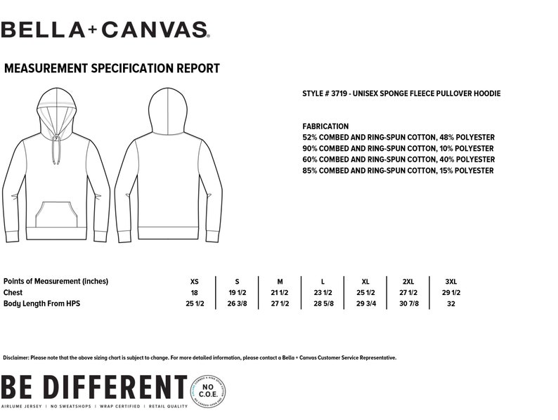 Pu&ograve; includere: Una tabella di taglie per una felpa con cappuccio in pile spugna unisex. La tabella mostra le misure in pollici per il petto e la lunghezza del corpo dal punto pi&ugrave; alto della spalla. Le taglie vanno dalla XS alla 3XL. La composizione del tessuto &egrave; indicata come: 52% cotone pettinato e filato ad anello, 48% poliestere; 90% cotone pettinato e filato ad anello, 10% poliestere; 60% cotone pettinato e filato ad anello, 40% poliestere; e 85% cotone pettinato e filato ad anello, 15% poliestere.