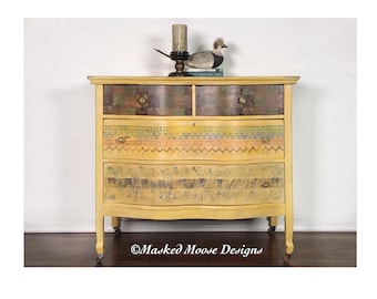 Hand Painted Solid Wood Chest of Drawers, Vintage Boho Furniture