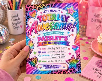 Rainbow Birthday Invitation Editable Template, Lisa Frank Inspired Girls Birthday Party Invite, Y2K 90s Leopard Print Birthday Invitation
